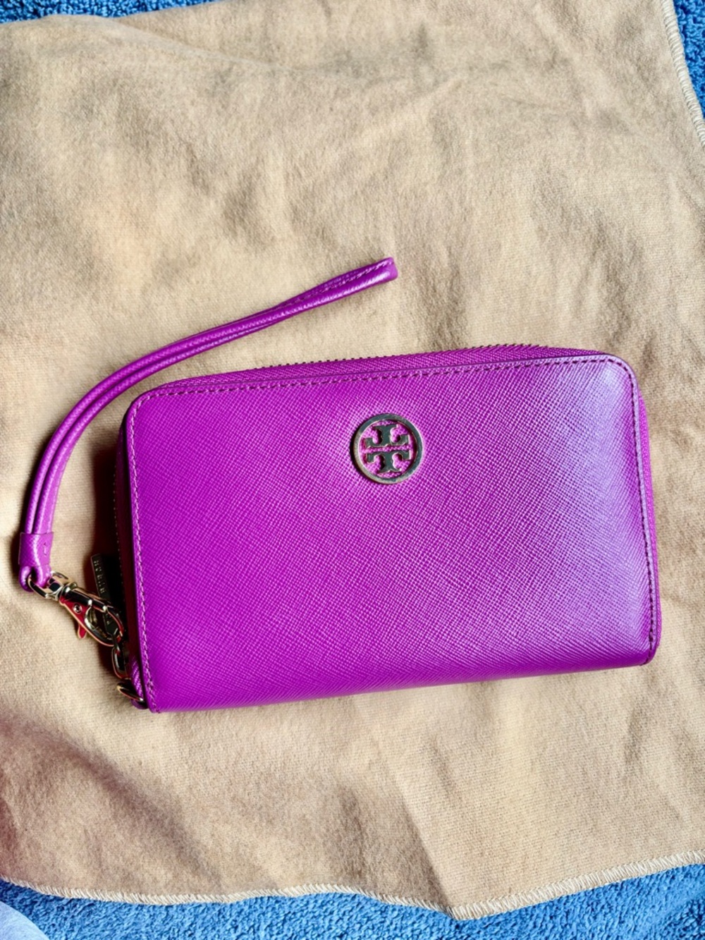 Tory Burch Vibrant Purple Saffiano Zip Wristlet